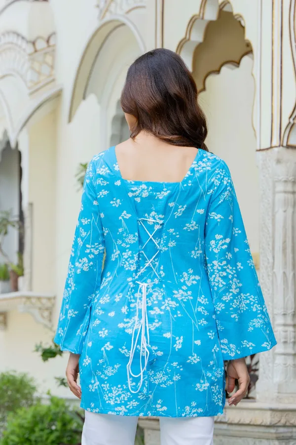 Aqua_Blue_Pure_Cotton_Short_Kurti_With_Back_Dori