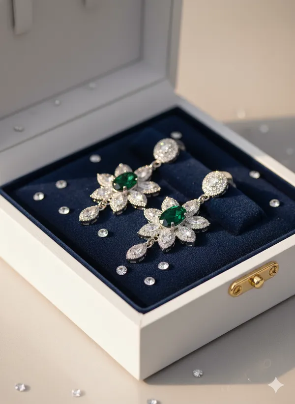 Silver_Floral_Drop_With_Emerald_Green_Stones_Earrings_For_Women