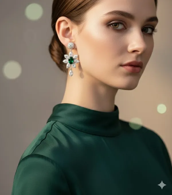 Silver_Floral_Drop_With_Emerald_Green_Stones_Earrings_For_Women