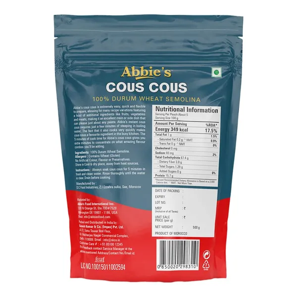 Abbie'S_Couscous_100%_Durum_Wheat_Semolina_500_Gm_Pack_Of_2