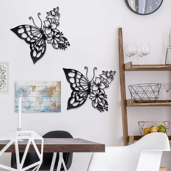 Black_2Pcs_Butterfly_Decoration_Wall_Art_Boho_Wall_Home_Decor_Hanging_Appearance_Wall_Decor_Metal_Hanging_Butterfly_Decor_Flower_Wall_Art_For_Bedroom_Living_Room_Home_Wall,_(_Size_30X30X15_Cm_)