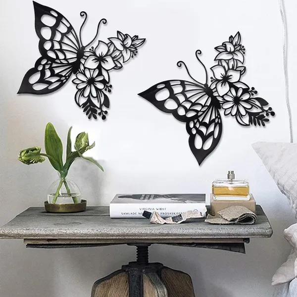 Black_2Pcs_Butterfly_Decoration_Wall_Art_Boho_Wall_Home_Decor_Hanging_Appearance_Wall_Decor_Metal_Hanging_Butterfly_Decor_Flower_Wall_Art_For_Bedroom_Living_Room_Home_Wall,_(_Size_30X30X15_Cm_)