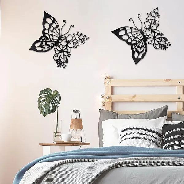 Black_2Pcs_Butterfly_Decoration_Wall_Art_Boho_Wall_Home_Decor_Hanging_Appearance_Wall_Decor_Metal_Hanging_Butterfly_Decor_Flower_Wall_Art_For_Bedroom_Living_Room_Home_Wall,_(_Size_30X30X15_Cm_)