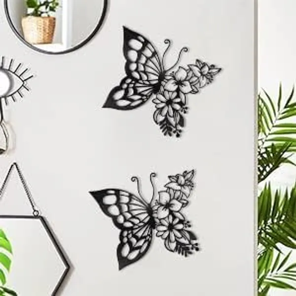 Black_2Pcs_Butterfly_Decoration_Wall_Art_Boho_Wall_Home_Decor_Hanging_Appearance_Wall_Decor_Metal_Hanging_Butterfly_Decor_Flower_Wall_Art_For_Bedroom_Living_Room_Home_Wall,_(_Size_30X30X15_Cm_)
