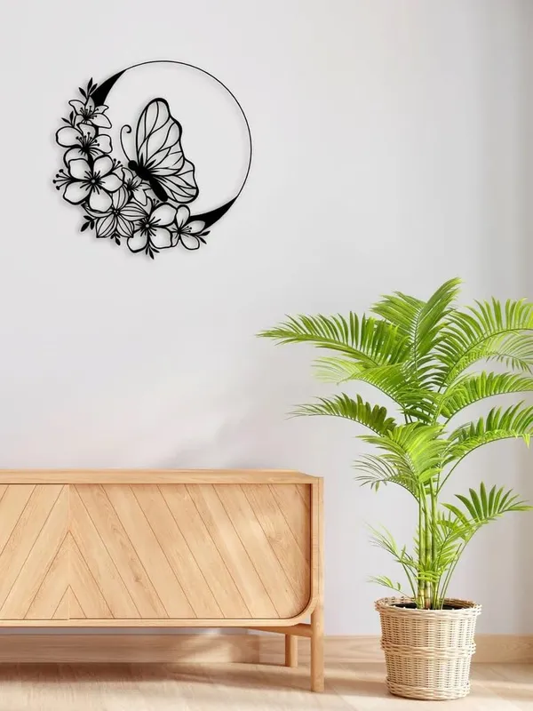 Black_Flowers_Ring_Butterfly_Metal_Wall_Art_|_45L_X_45W_Cm