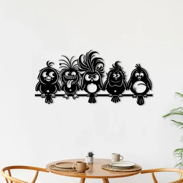Black_Funny_Cartoon_Birds_Metal_Wall_Art_|_58L_X_27W_Cm