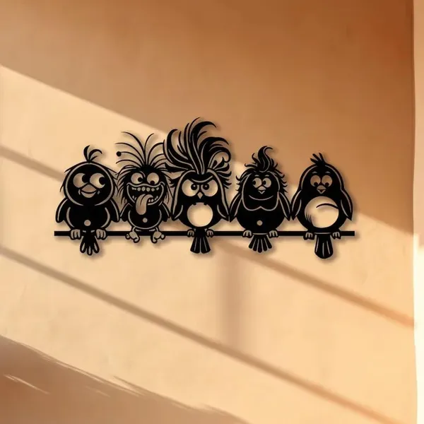 Black_Funny_Cartoon_Birds_Metal_Wall_Art_|_58L_X_27W_Cm