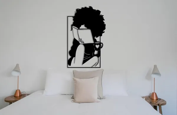 Black_Bookish_Woman_With_Coffee_Wall_Art_|_60L_X_33W_Cm