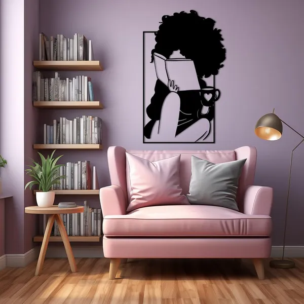 Black_Bookish_Woman_With_Coffee_Wall_Art_|_60L_X_33W_Cm