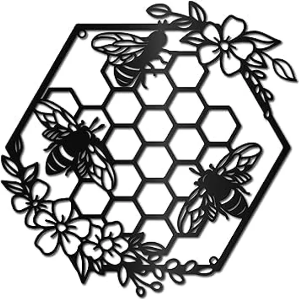 Black_Wall_Decoration_Metal_Bee_Shape_Honey_Comb_Wall_Art_|_28.5L_X_28.5W_Cm