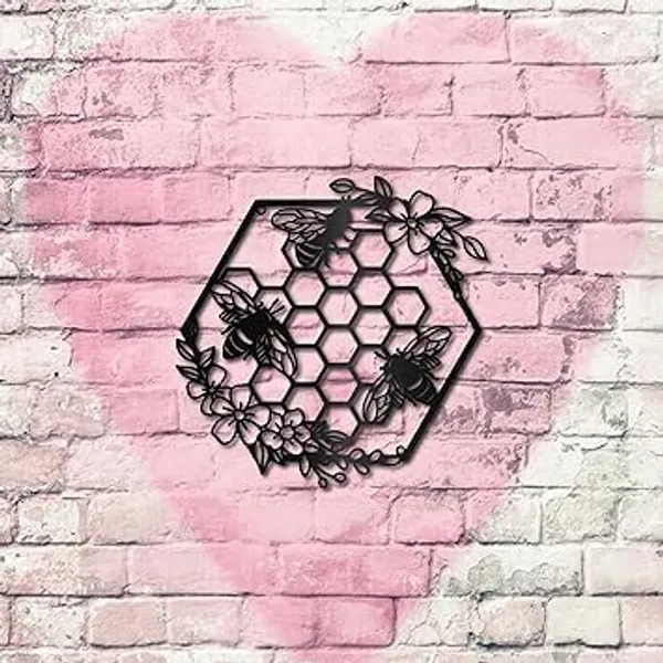 Black_Wall_Decoration_Metal_Bee_Shape_Honey_Comb_Wall_Art_|_28.5L_X_28.5W_Cm