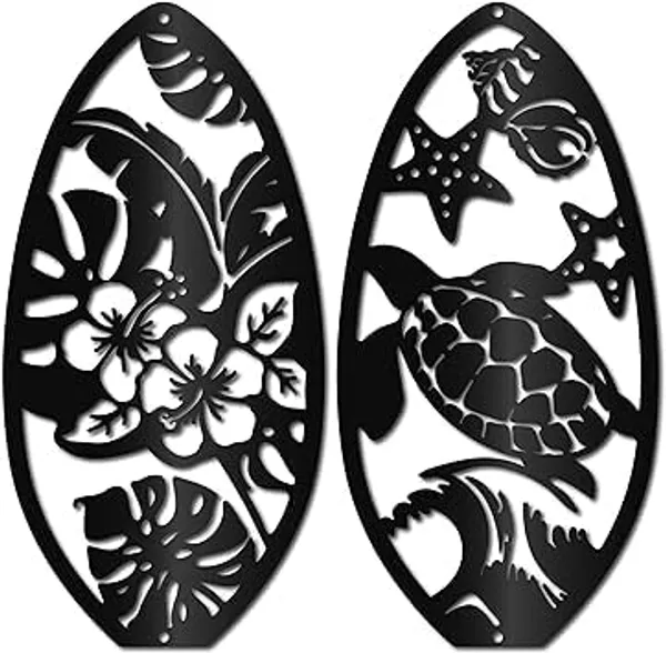 Black_Metal_Surfboard_Wall_Decoration_Iron_Hibiscus_Turtle_Wall_Decoration_Hanging_Silhouette_Tropical_Summer_Panel_For_Studio_Yoga,Indoor,Outdoor,Home,Office_30_X_10_Cm