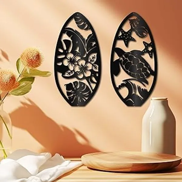 Black_Metal_Surfboard_Wall_Decoration_Iron_Hibiscus_Turtle_Wall_Decoration_Hanging_Silhouette_Tropical_Summer_Panel_For_Studio_Yoga,Indoor,Outdoor,Home,Office_30_X_10_Cm