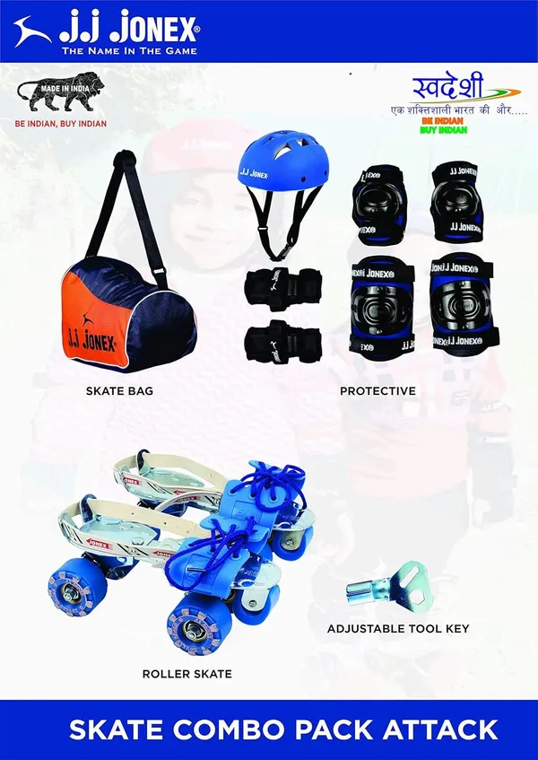 JJ_JONEX_Blue_Senior_Attack_Adjustable_Quad_Roller_Skates_Combo_Suitable_For_Age_Group_6-10_Year_With_Skating_Kit_(Protection_Kit)(Medium)_&_Free_Bag