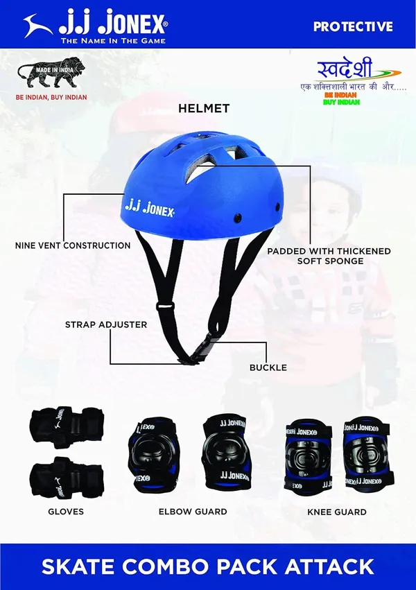 JJ_JONEX_Blue_Senior_Attack_Adjustable_Quad_Roller_Skates_Combo_Suitable_For_Age_Group_6-10_Year_With_Skating_Kit_(Protection_Kit)(Medium)_&_Free_Bag