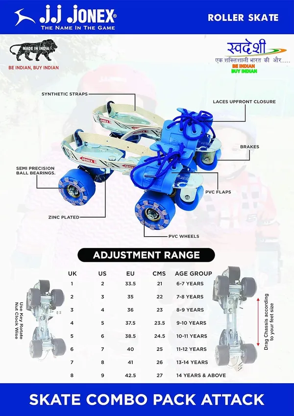 JJ_JONEX_Blue_Senior_Attack_Adjustable_Quad_Roller_Skates_Combo_Suitable_For_Age_Group_6-10_Year_With_Skating_Kit_(Protection_Kit)(Medium)_&_Free_Bag