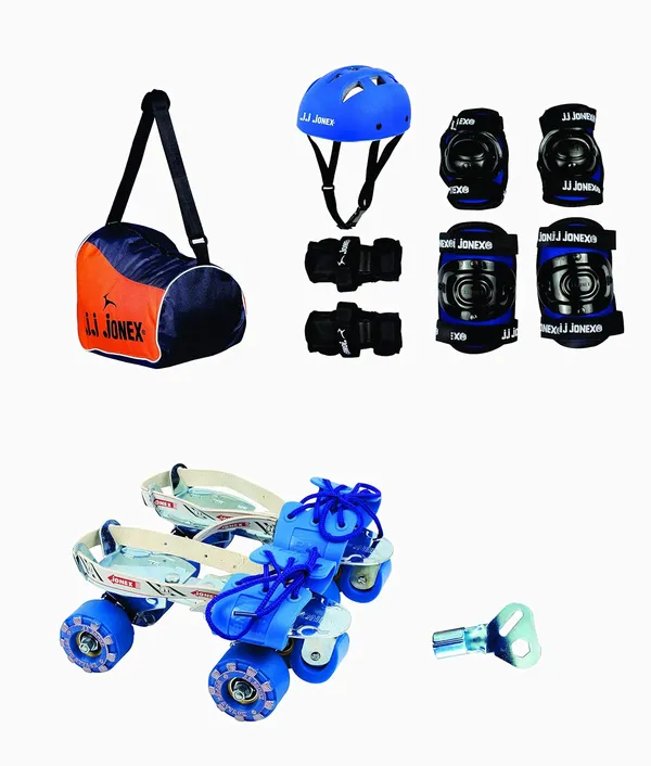 JJ_JONEX_Blue_Senior_Attack_Adjustable_Quad_Roller_Skates_Combo_Suitable_For_Age_Group_6-10_Year_With_Skating_Kit_(Protection_Kit)(Medium)_&_Free_Bag