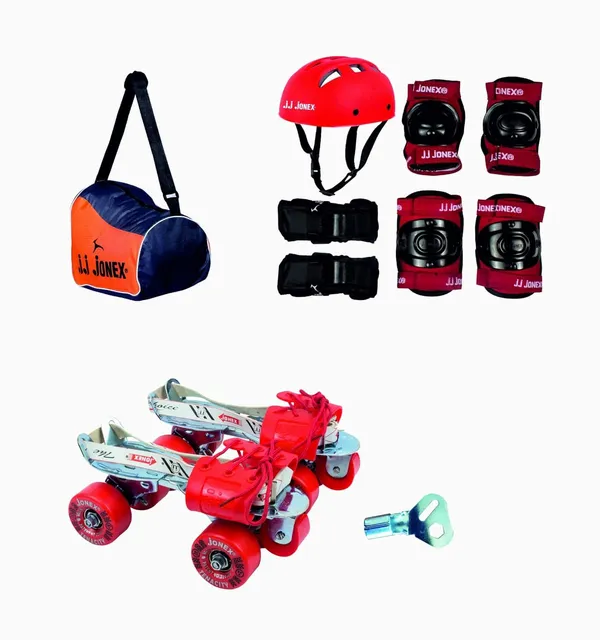 JJ_JONEX_Unisex_Tenacity_Adjustable_Roller_Derby_Wheel_Skates_Combo_(Skates+Helmet+Knee_Pad+Elbow_Pad+Gloves+Key+Bag)_Suitable_For_Age_6-11_(Medium),_Red