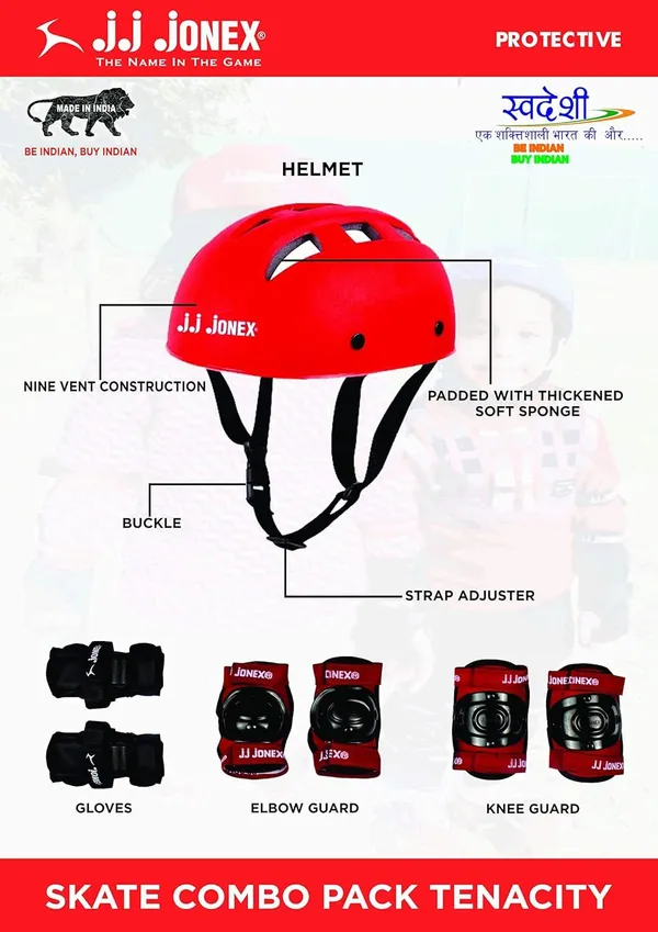 JJ_JONEX_Unisex_Tenacity_Adjustable_Roller_Derby_Wheel_Skates_Combo_(Skates+Helmet+Knee_Pad+Elbow_Pad+Gloves+Key+Bag)_Suitable_For_Age_6-11_(Medium),_Red