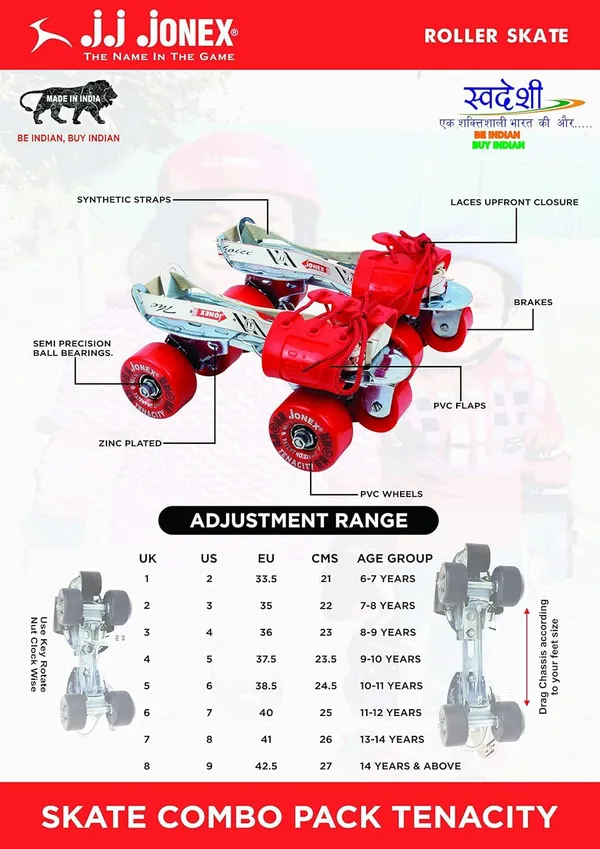 JJ_JONEX_Unisex_Tenacity_Adjustable_Roller_Derby_Wheel_Skates_Combo_(Skates+Helmet+Knee_Pad+Elbow_Pad+Gloves+Key+Bag)_Suitable_For_Age_6-11_(Medium),_Red