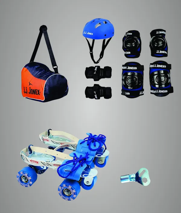 JJ_JONEX_Blue_Senior_Attack_Adjustable_Quad_Roller_Skates_Combo_Suitable_For_Age_Group_6-10_Year_With_Skating_Kit_(Protection_Kit)(Medium)_&_Free_Bag
