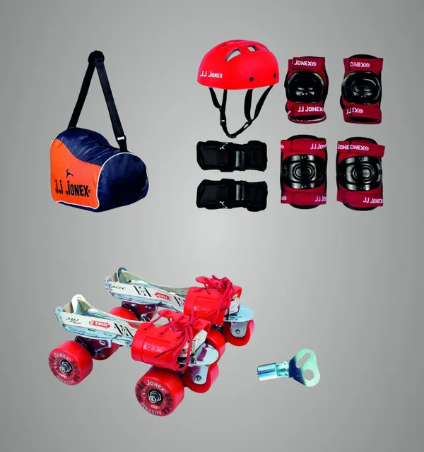 JJ_JONEX_Unisex_Tenacity_Adjustable_Roller_Derby_Wheel_Skates_Combo_(Skates+Helmet+Knee_Pad+Elbow_Pad+Gloves+Key+Bag)_Suitable_For_Age_6-11_(Medium),_Red
