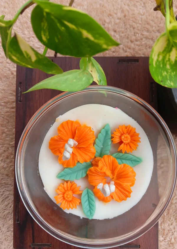 Orange_Hibiscus_Flower_Bowl_Candle_with_Green_Leaf_Wax_Melts_|_Decorative_Glass_Candle
