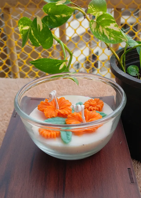 Orange_Hibiscus_Flower_Bowl_Candle_with_Green_Leaf_Wax_Melts_|_Decorative_Glass_Candle