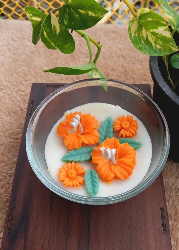 Orange_Hibiscus_Flower_Bowl_Candle_with_Green_Leaf_Wax_Melts_|_Decorative_Glass_Candle