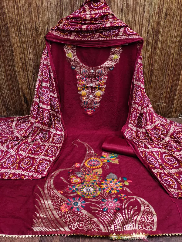Designer_Ethnic_Suit_Fabric_Set_with_Thread_Embroidery_and_Bandhej_Dupatta