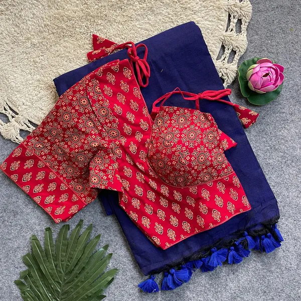 Khadi_cotton_silk_saree_set_with_a_readymade_Ajrakh_print_blouse