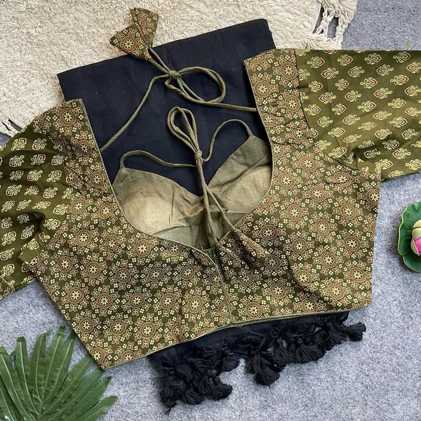Khadi_cotton_silk_saree_set_with_a_readymade_Ajrakh_print_blouse