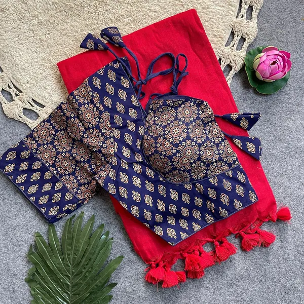 Khadi_cotton_silk_saree_set_with_a_readymade_Ajrakh_print_blouse