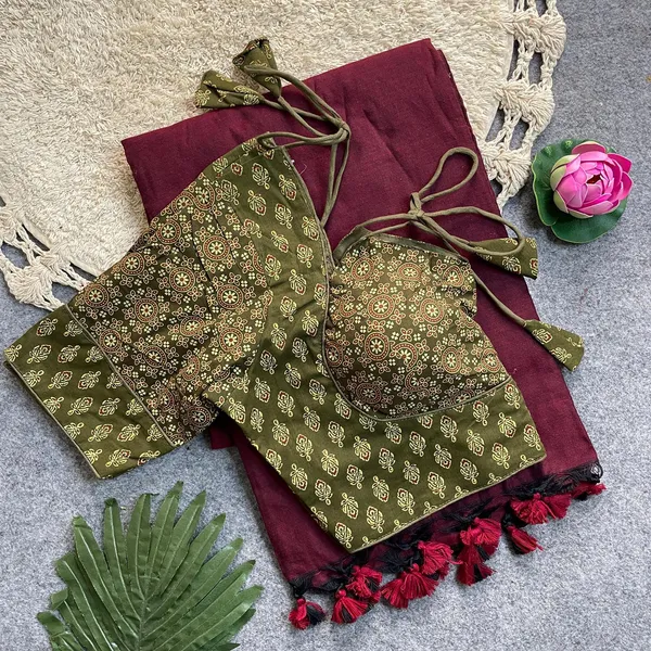 Khadi_cotton_silk_saree_set_with_a_readymade_Ajrakh_print_blouse