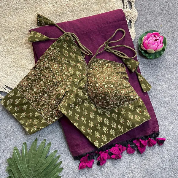 Khadi_cotton_silk_saree_set_with_a_readymade_Ajrakh_print_blouse