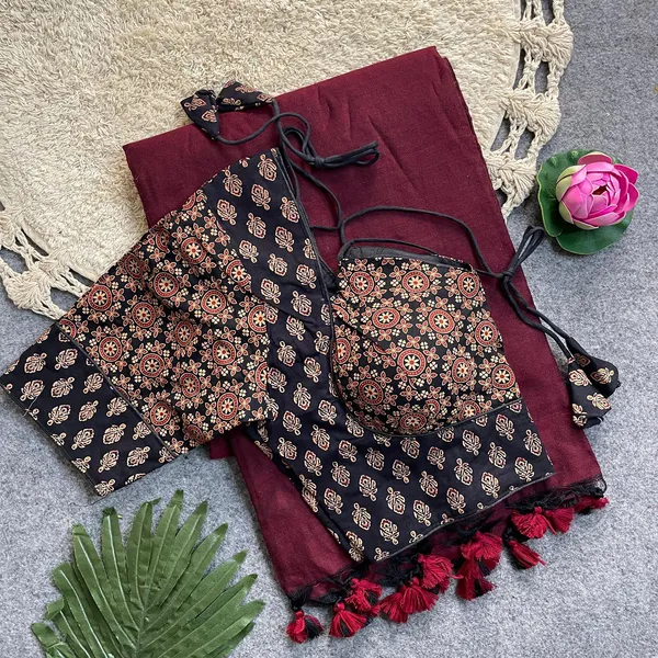 Khadi_cotton_silk_saree_set_with_a_readymade_Ajrakh_print_blouse
