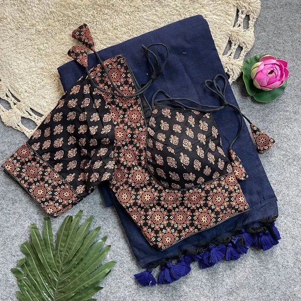 Khadi_cotton_silk_saree_set_with_a_readymade_Ajrakh_print_blouse