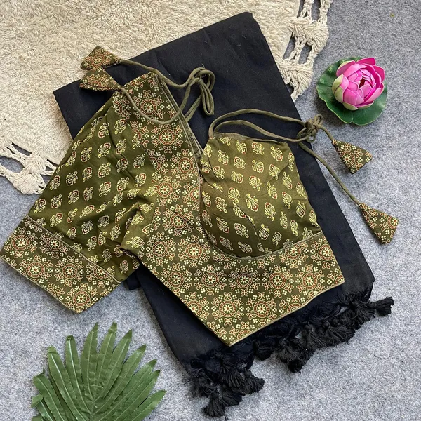 Khadi_cotton_silk_saree_set_with_a_readymade_Ajrakh_print_blouse