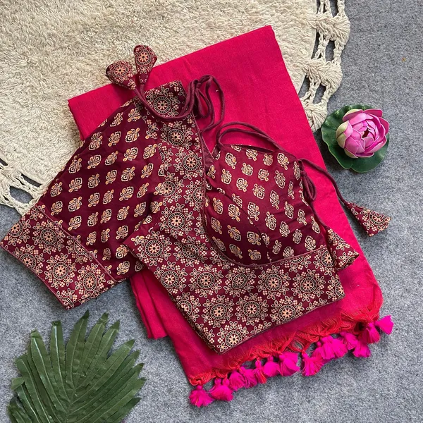 Khadi_cotton_silk_saree_set_with_a_readymade_Ajrakh_print_blouse