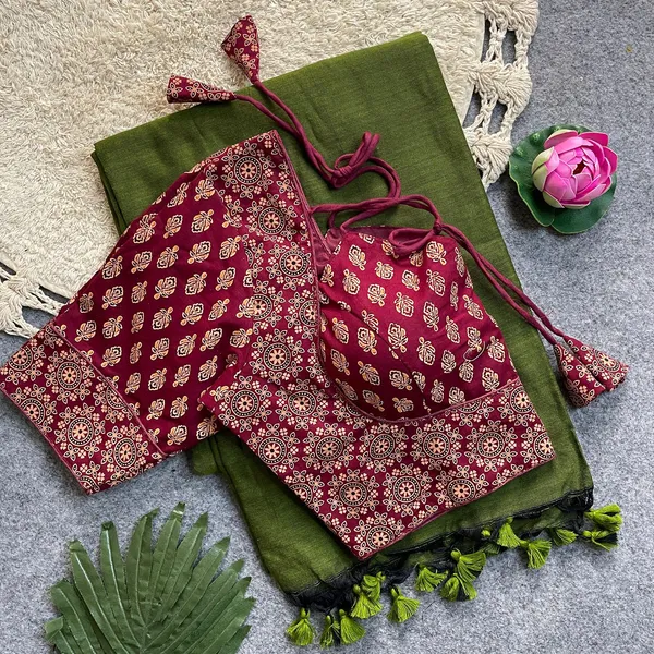 Khadi_cotton_silk_saree_set_with_a_readymade_Ajrakh_print_blouse