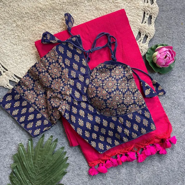 Khadi_cotton_silk_saree_set_with_a_readymade_Ajrakh_print_blouse