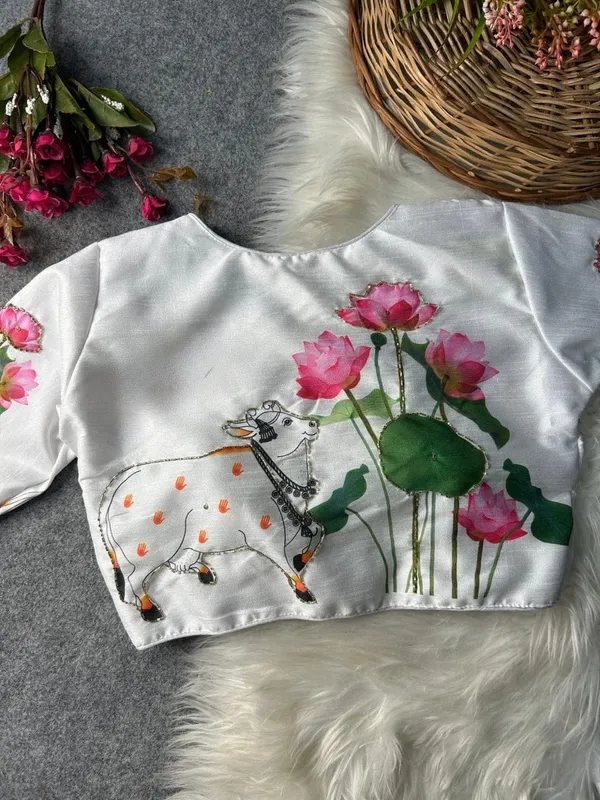 Premium_hand-painted_blouse_featuring_Kamdhenu_and_lotus_artwork.