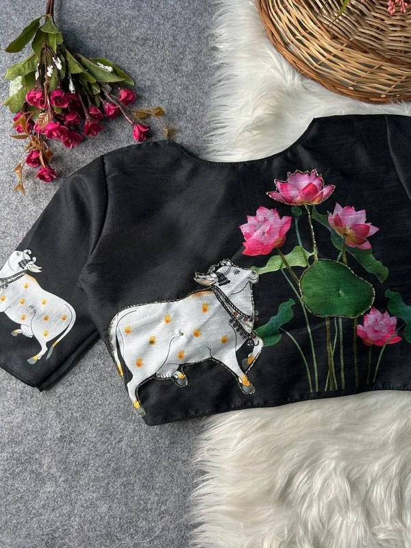 Premium_hand-painted_blouse_featuring_Kamdhenu_and_lotus_artwork.