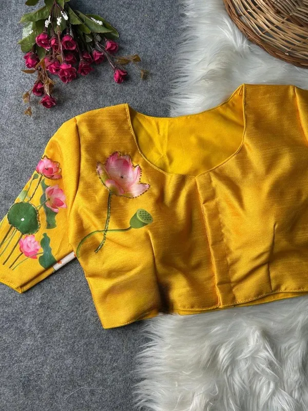 Premium_hand-painted_blouse_featuring_Kamdhenu_and_lotus_artwork.