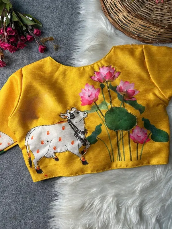 Premium_hand-painted_blouse_featuring_Kamdhenu_and_lotus_artwork.