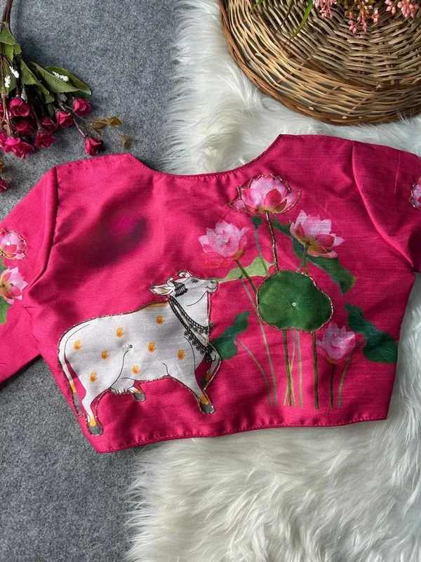 Premium_hand-painted_blouse_featuring_Kamdhenu_and_lotus_artwork.