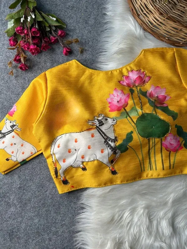 Premium_hand-painted_blouse_featuring_Kamdhenu_and_lotus_artwork.