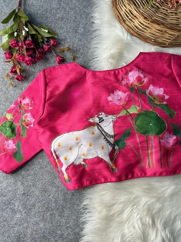 Premium_hand-painted_blouse_featuring_Kamdhenu_and_lotus_artwork.