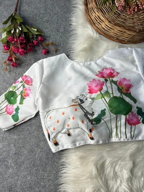 Premium_hand-painted_blouse_featuring_Kamdhenu_and_lotus_artwork.