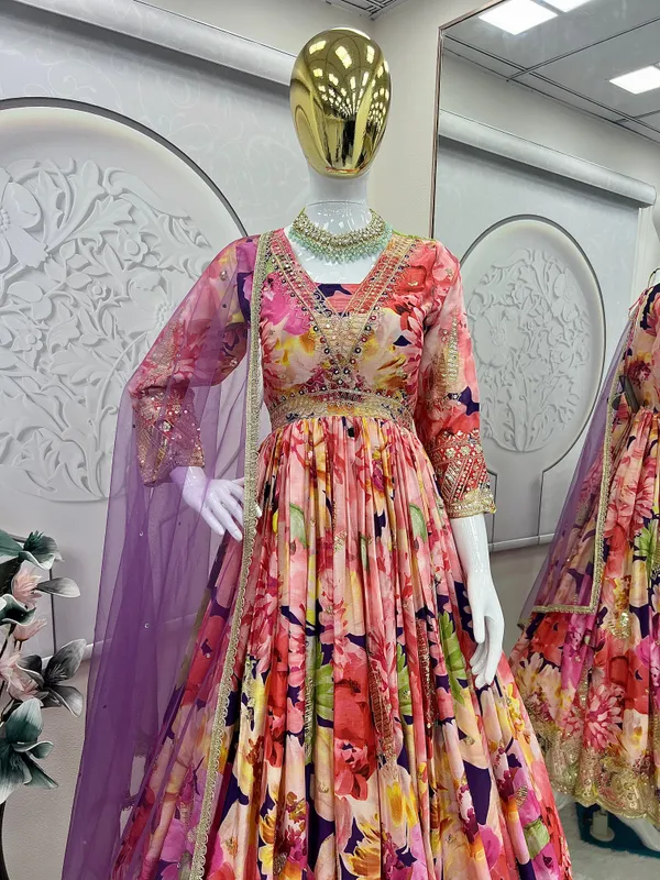 Multicolour_Chinon_Silk_Gown_For_Women